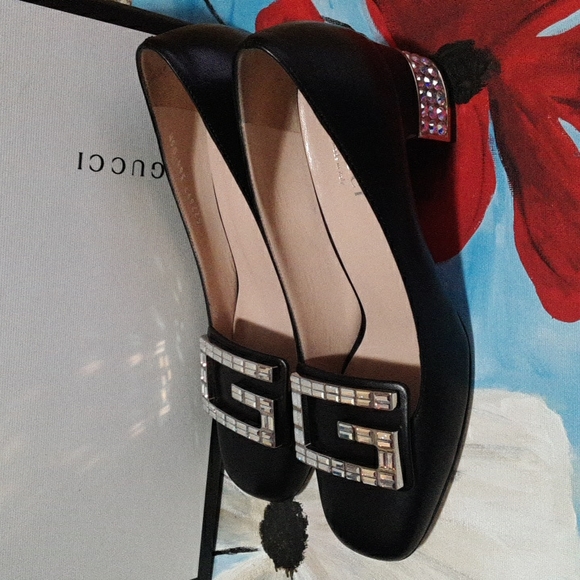 Gucci Shoes - Gucci Malaga Kid leather mid heel pump with crystal G